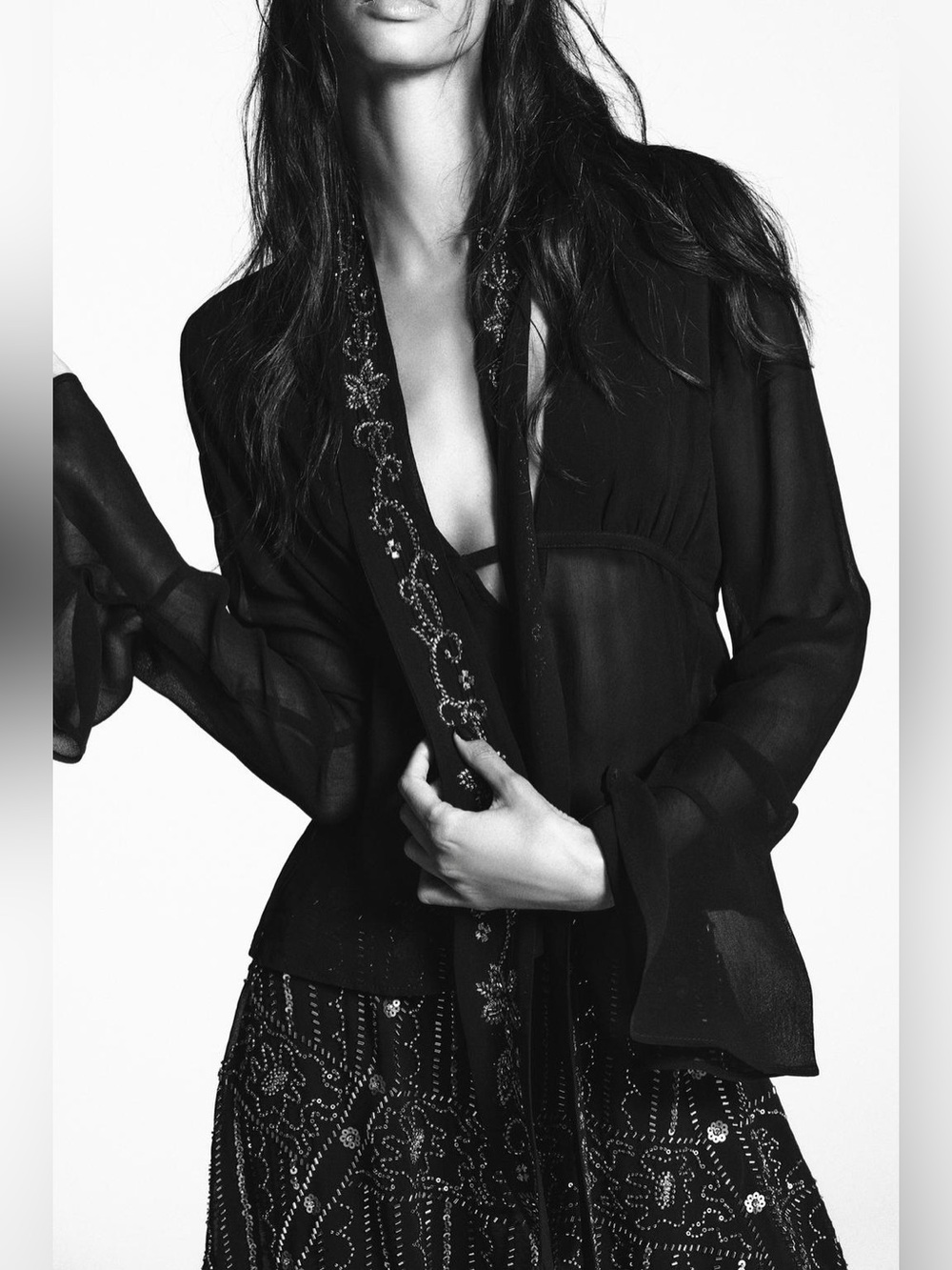 ZARA semi-sheer black georgette shirt with embroidered details
